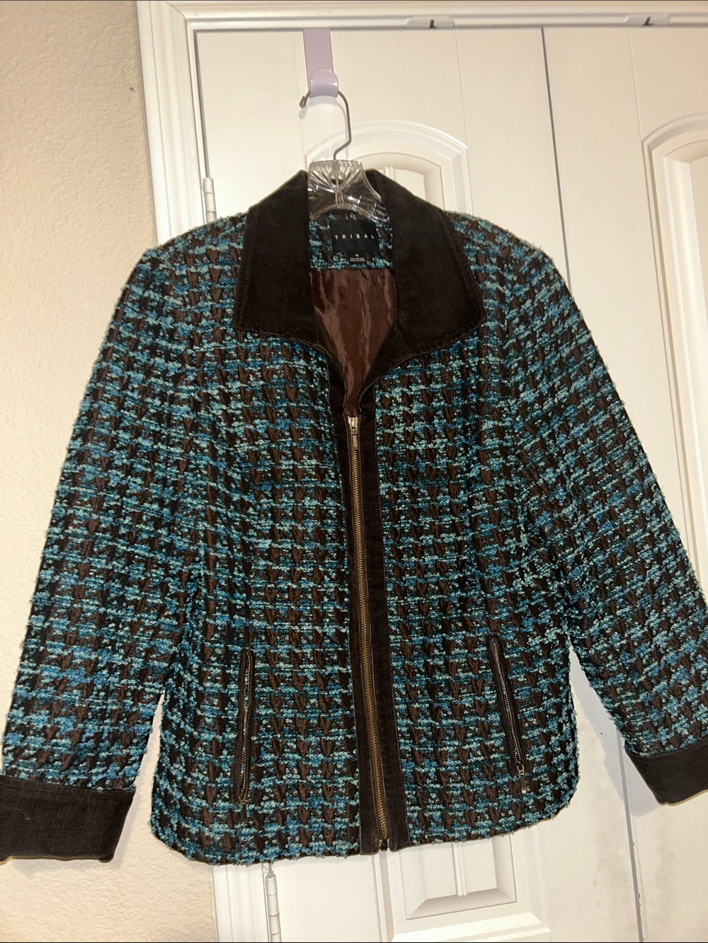 Tribal Wool-Blend Teal & Brown Houndstooth Zip Jacket